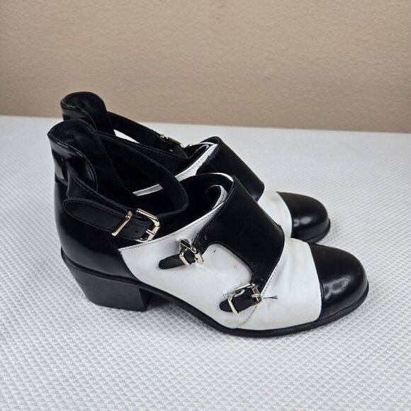 TopShop Black White Leather Heeled Shoes Double Buckles Womens Size 7 - Picture 8 of 12